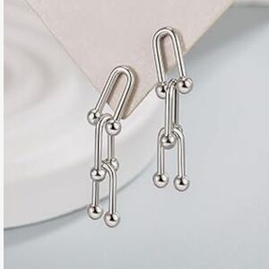 Platinum Geometric Link Earrings | Modern Minimalist Sculptural Drop Design